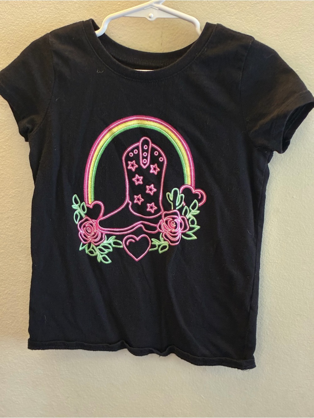 wonder nation Black Tee with Neon Pink & Green Cowboy Boot Graphic